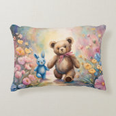 Teddybeer en konijn in een pasteltuin accent kussen (Voorkant)