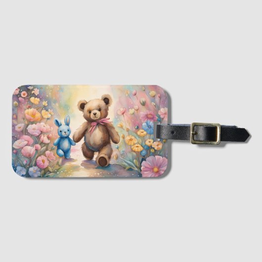 Teddybeer en konijn in een pasteltuin bagagelabel (Voorkant (horizontaal))