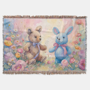 Teddybeer en konijn in een pasteltuin deken