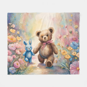 Teddybeer en konijn in een pasteltuin fleece deken