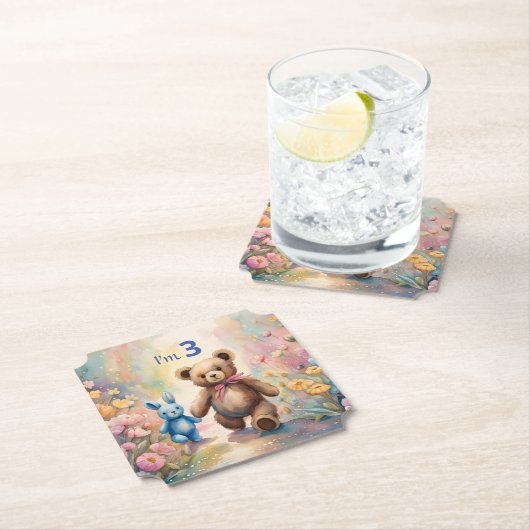 Teddybeer en konijn in een pasteltuin kartonnen onderzetters (Insitu)