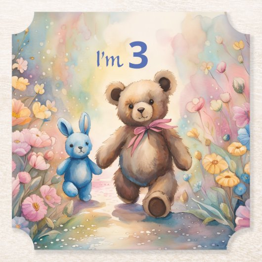 Teddybeer en konijn in een pasteltuin kartonnen onderzetters (Voorkant)