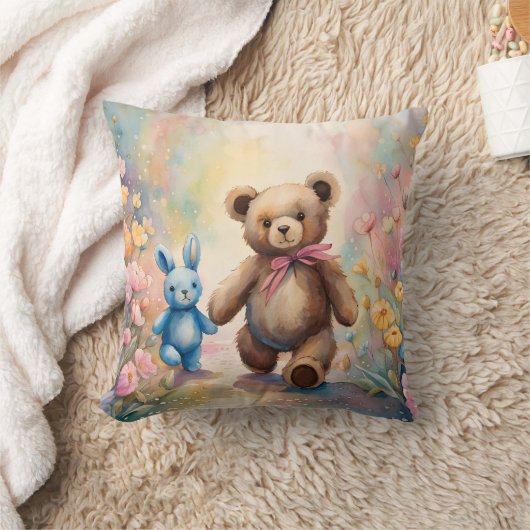 Teddybeer en konijn in een pasteltuin kussen (Deken)