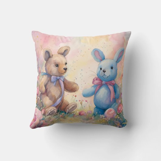 Teddybeer en konijn in een pasteltuin kussen (Achterkant)