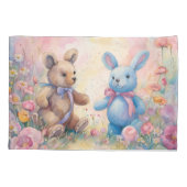 Teddybeer en konijn in een pasteltuin kussensloop (Achterkant)