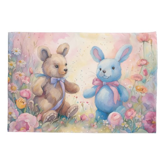 Teddybeer en konijn in een pasteltuin kussensloop (Achterkant)