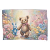 Teddybeer en konijn in een pasteltuin kussensloop (Voorkant)