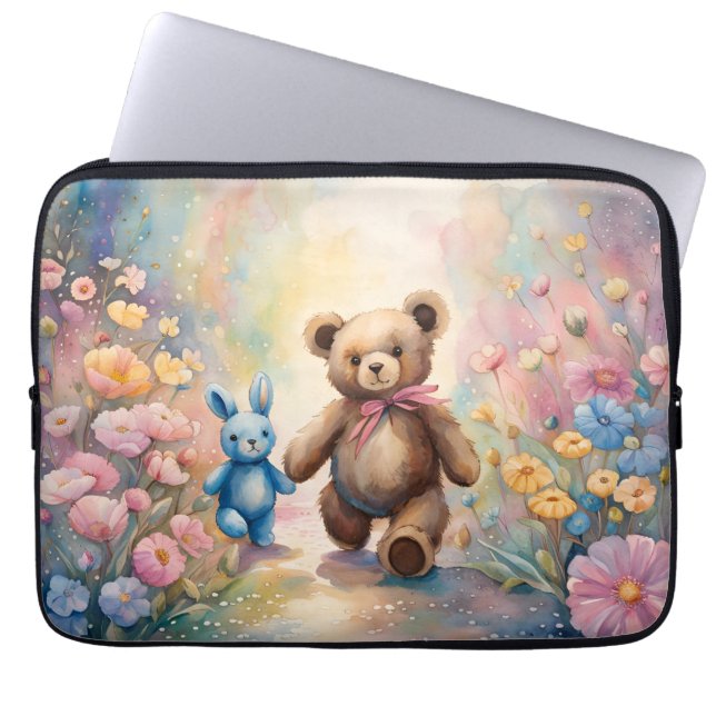 Teddybeer en konijn in een pasteltuin laptop sleeve (Voorkant)
