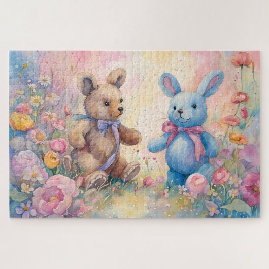 Teddybeer en konijn in een pasteltuin legpuzzel (Horizontaal)