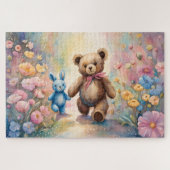 Teddybeer en konijn in een pasteltuin legpuzzel (Horizontaal)