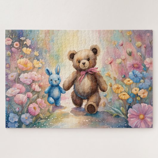 Teddybeer en konijn in een pasteltuin legpuzzel (Horizontaal)