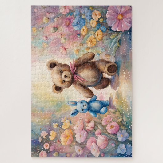 Teddybeer en konijn in een pasteltuin legpuzzel (Verticaal)