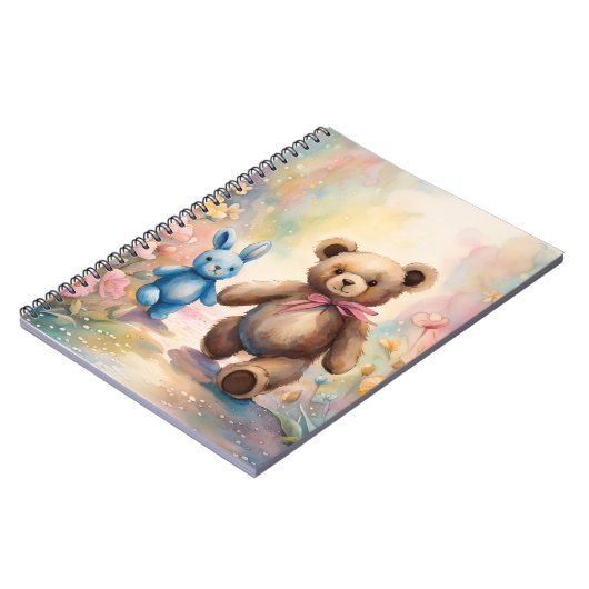 Teddybeer en konijn in een pasteltuin notitieboek (Linkerzijde)