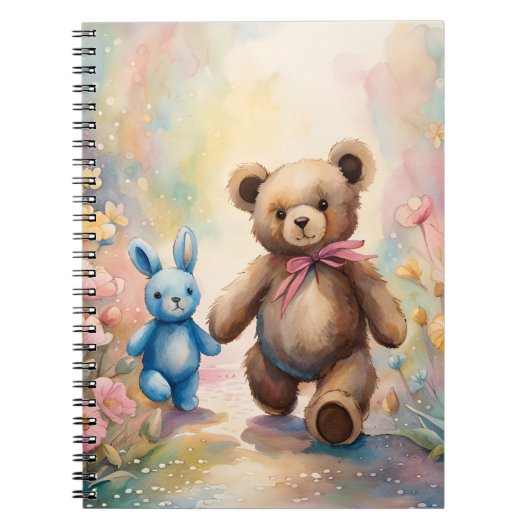 Teddybeer en konijn in een pasteltuin notitieboek (Voorkant)