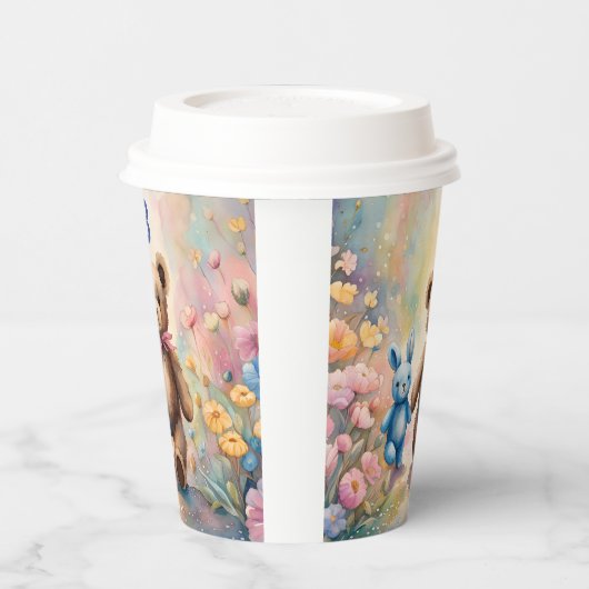 Teddybeer en konijn in een pasteltuin papieren bekers (Links)