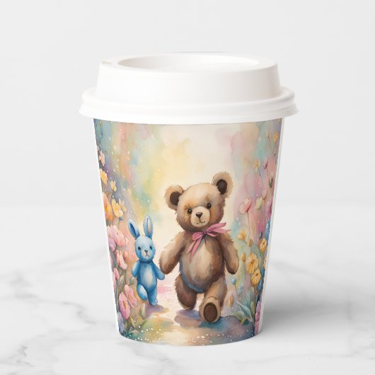 Teddybeer en konijn in een pasteltuin papieren bekers (Achterkant)