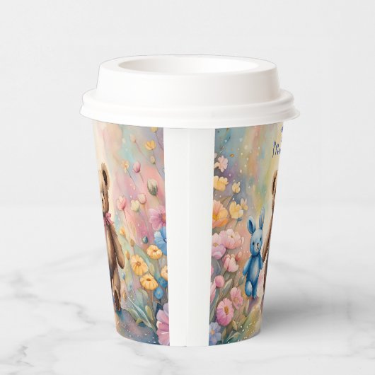 Teddybeer en konijn in een pasteltuin papieren bekers (Rechts)