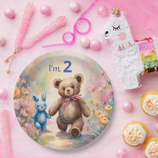 Teddybeer en konijn in een pasteltuin papieren bordje (Feest)