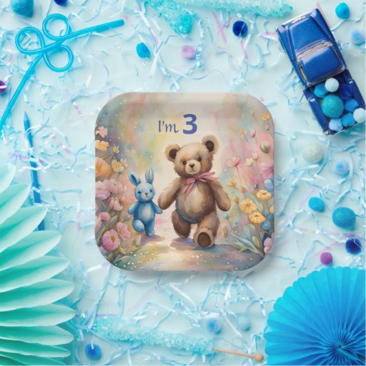 Teddybeer en konijn in een pasteltuin papieren bordje (Feest)