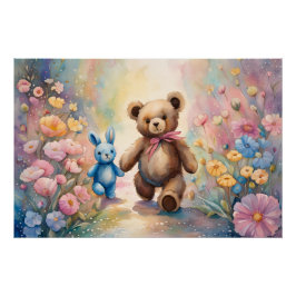 Teddybeer en konijn in een pasteltuin perfect poster