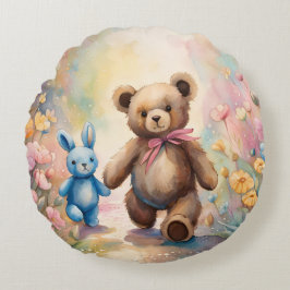 Teddybeer en konijn in een pasteltuin rond kussen