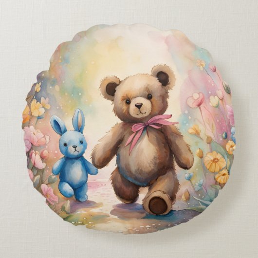 Teddybeer en konijn in een pasteltuin rond kussen (Voorkant)