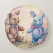 Teddybeer en konijn in een pasteltuin rond kussen (Achterkant)