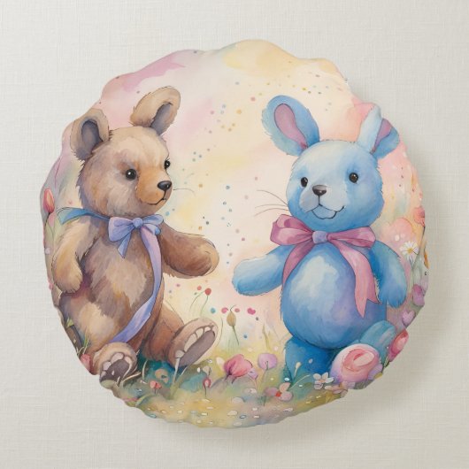 Teddybeer en konijn in een pasteltuin rond kussen (Achterkant)