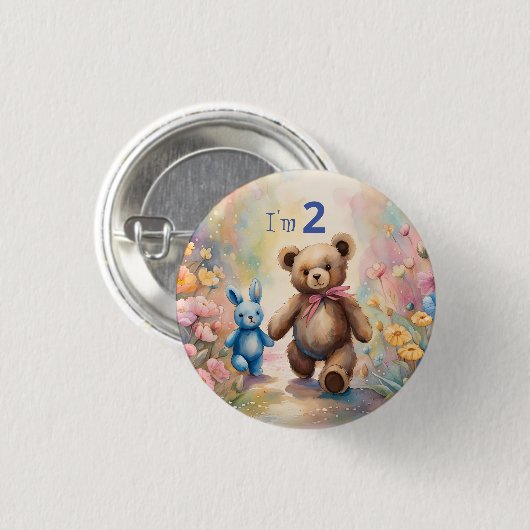 Teddybeer en konijn in een pasteltuin ronde button 3,2 cm (Voorkant /achterkant)