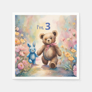 Teddybeer en konijn in een pasteltuin servet