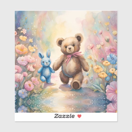 Teddybeer en konijn in een pasteltuin sticker (Vel)