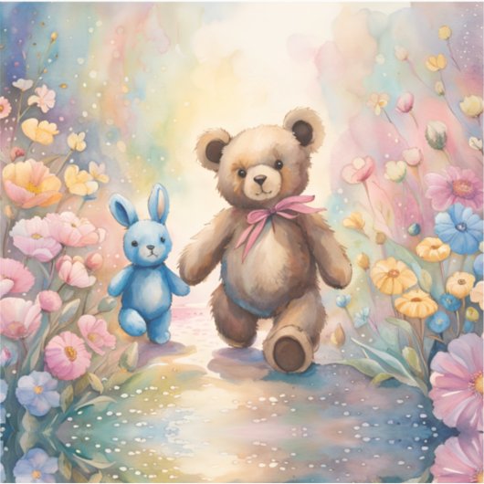 Teddybeer en konijn in een pasteltuin sticker (Voorkant)