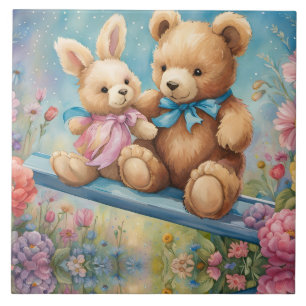 Teddybeer en konijn in een pasteltuin tegeltje