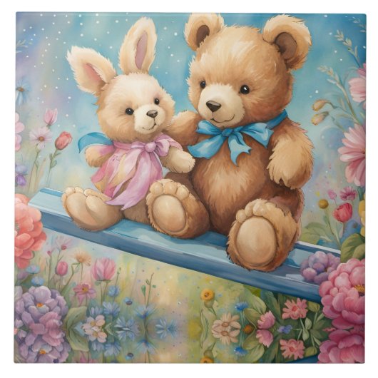 Teddybeer en konijn in een pasteltuin tegeltje (Voorkant)
