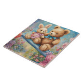 Teddybeer en konijn in een pasteltuin tegeltje (Zijkant)