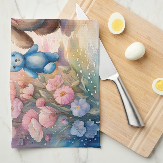 Teddybeer en konijn in een pasteltuin theedoek (Quarter Fold)