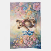 Teddybeer en konijn in een pasteltuin theedoek (Verticaal)