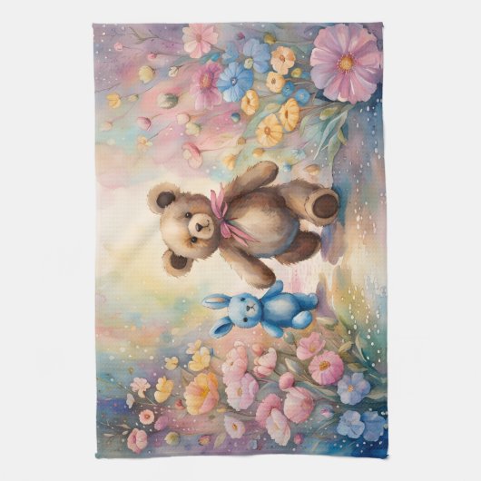 Teddybeer en konijn in een pasteltuin theedoek (Verticaal)