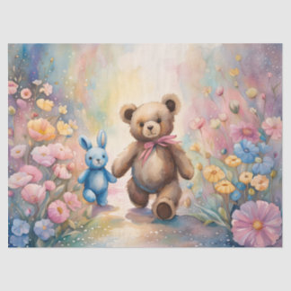 Teddybeer en konijn in een pasteltuin tissuepapier