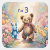 Teddybeer en konijn in een pasteltuin vierkante sticker (Voorkant)