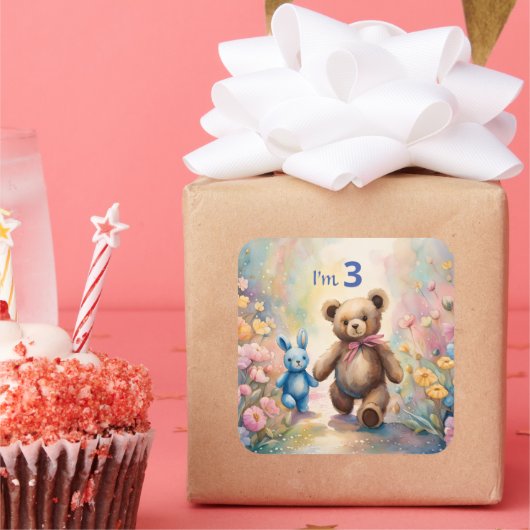 Teddybeer en konijn in een pasteltuin vierkante sticker (Feest)