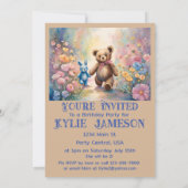 Teddybeer en konijn in een pasteltuinfeest aankondiging (Achterkant)