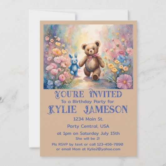 Teddybeer en konijn in een pasteltuinfeest aankondiging (Achterkant)