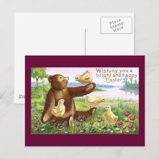 Teddybeer en Kuikens Vintage Pasen Feestdagenkaart (Voorkant / Achterkant)