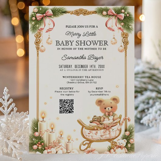 Teddybeer en linten Kerst babyshower Kaart