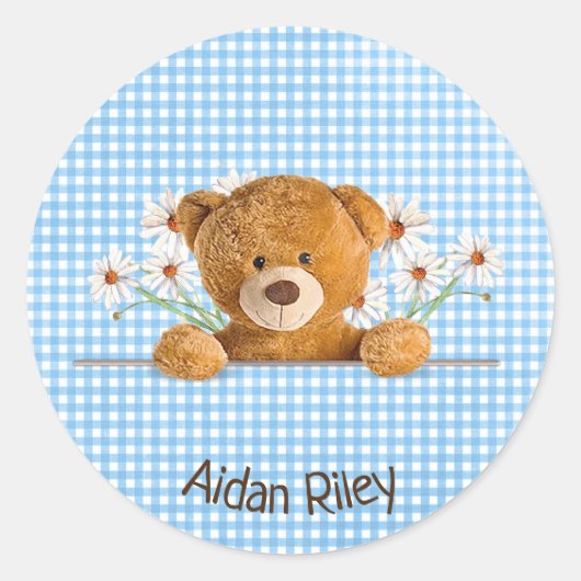 Teddybeer en madeliefjes op Blue Gingham Ronde Sticker (Voorkant)