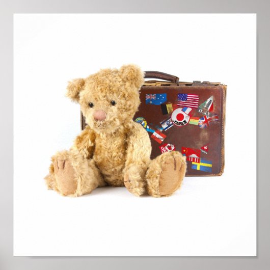 teddybeer en  oude koffer met wereldsti poster (Voorkant)