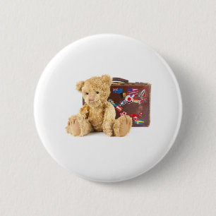 teddybeer en  oude koffer met wereldsti ronde button 5,7 cm