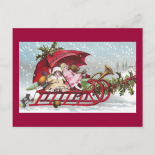 Teddybeer en poppen op slee Vintage Kerstmis Feestdagenkaart