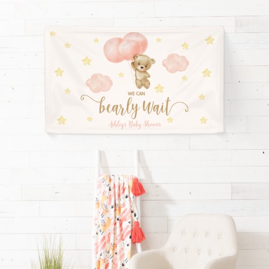 Teddybeer en roze ballonnen Baby shower Party Spandoek (Insitu)